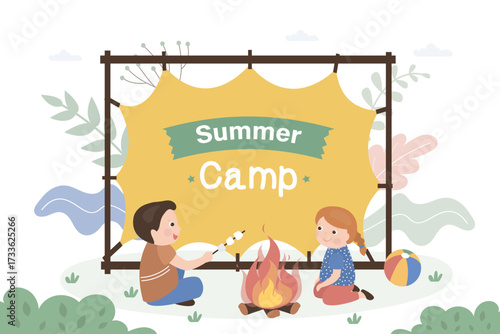 Summer Camp for kids. Happy girl and boy scout sitting near campfire and roasting marshmallows. Kids Summer Camp with school tour, advertising board.