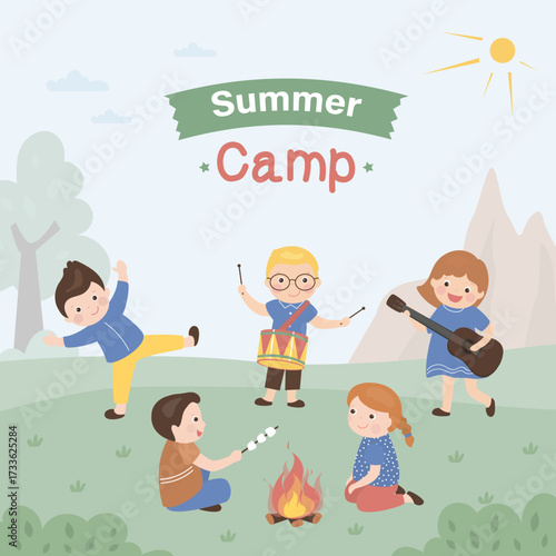 Summer Camp for kids. Happy girl with guitar and boy scout sing songs, roasting marshmallows. Team of scouts sitting near campfire. Kids summer camp with school tour