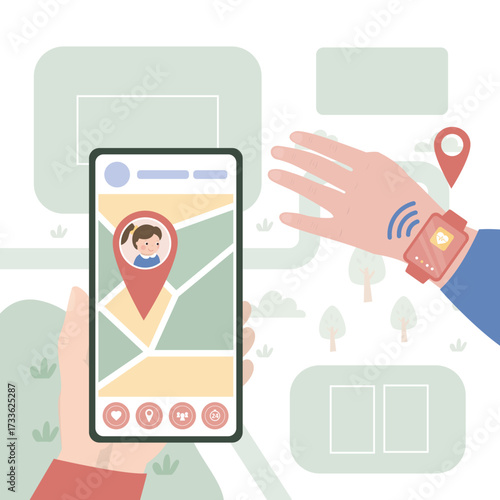 Monitoring whereabouts of kid. Phone screen with geolocation tracking app. Concept of parental control and protection. Parents communicate with child through smartwatch