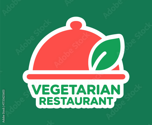 Vibrant vegetarian restaurant logo with red cloche and green leaf on dark green background