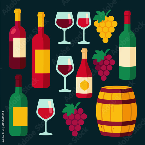 Vibrant wine collection illustration with bottles, glasses, grapes, and barrel under dark background