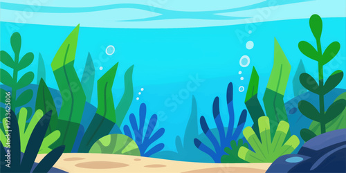 Vibrant underwater scene with lush green plants and bubbles, serene blue tones, cartoon style, summer vibe, aquatic life ambiance