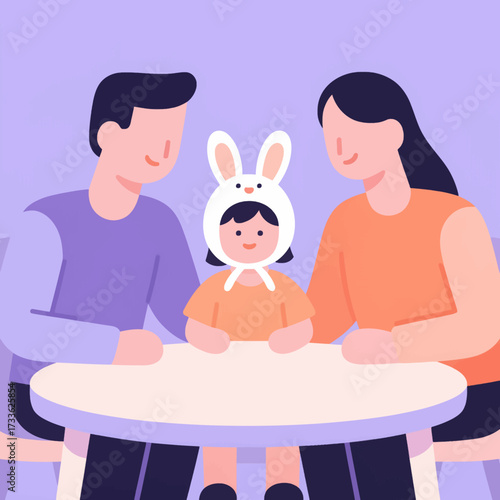 Warm family moment with bunny hat under soft purple sky