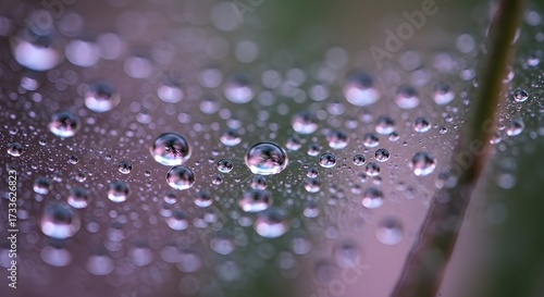 Macro dew drops on a spider's web, reflecting an ethereal pastel gradient with soft focus. Dreamy, photorealistic, cinematic lighting creates a tranquil, abstract beauty.