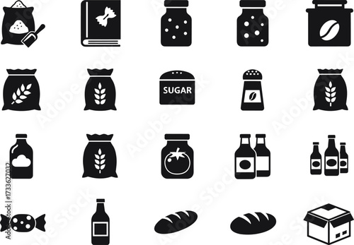 Food packaging icons, black and white vector, kitchen supplies, grocery items, seasoning jars, bread, beverages, sugar, milk, spice, cooking essentials