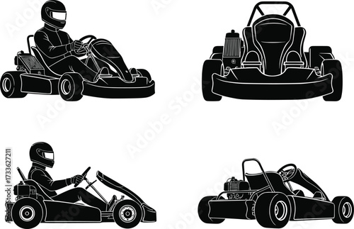 Go-kart racing silhouette, driver in helmet, rear and side views, black vector illustration, motorsport icon, speed sport concept, editable graphic