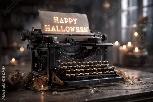 vintage black typewriter on an old wooden desk, a sheet of paper emerging with glowing ghostly words “Happy Halloween” 