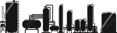 Industrial plant silhouette, chemical refinery, pressure vessels, storage tanks, piping system, energy infrastructure, factory outline, petrochemical facility, engineering concept, vector illustration