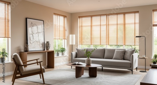 Wallpaper Mural Modern living room featuring elegant wooden blinds, gray sectional sofa, and mid-century furniture. Natural light filters through windows, highlighting neutral tones and minimalist decor. Torontodigital.ca