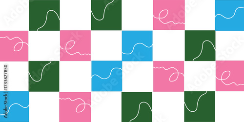 A colorful checkerboard pattern with curved white lines overlaying the squares.
