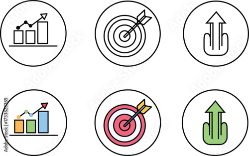 A collection of business success symbols depicting growth charts targets and upward arrows in both outline and color variations