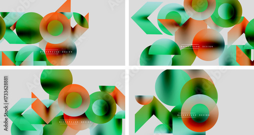 Abstract geometric designs feature vibrant gradients. Overlapping shapes create modern backgrounds, utilizing green, orange, teal hues.