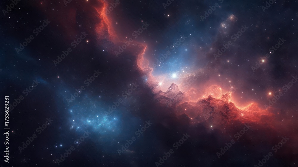 Fototapeta premium A cosmic nebula with vibrant red and blue hues, speckled with stars