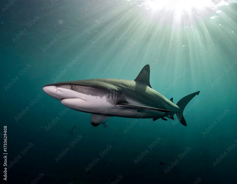 Fototapeta premium Shark in underwater sunbeams