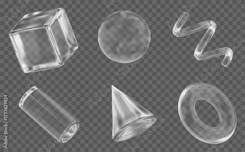 3d set glass transparent geometric shape: square, cylinder, sphere, torus,  cone, spiral. Simple figures with grid for your design. Gradient mesh. Stock vector illustration on isolated background.