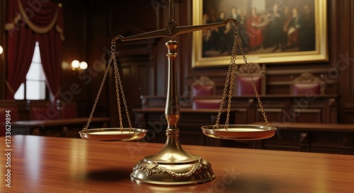 Ornate brass scales of justice on polished wooden desk in traditional law office. Rich mahogany furniture, leather-bound books, and classic paintings create atmosphere of legal authority.