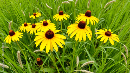 Wallpaper Mural A patch of vibrant yellow coneflowers blooming amidst tall green grass and feathery seed stalks Torontodigital.ca