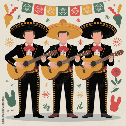 Three Mariachi Musicians Playing Guitars in Festive Attire sombrero