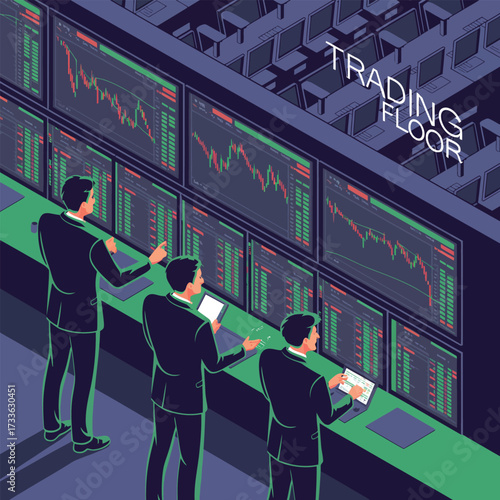Three men in suits observing stock market data on multiple screens in a trading room