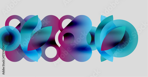 Abstract composition featuring overlapping translucent circles. Colors include blues, purples, pinks, creating dynamic visual effect.