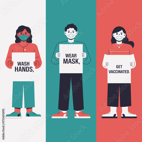 Three people wearing masks and holding signs about health precautions safety hygiene