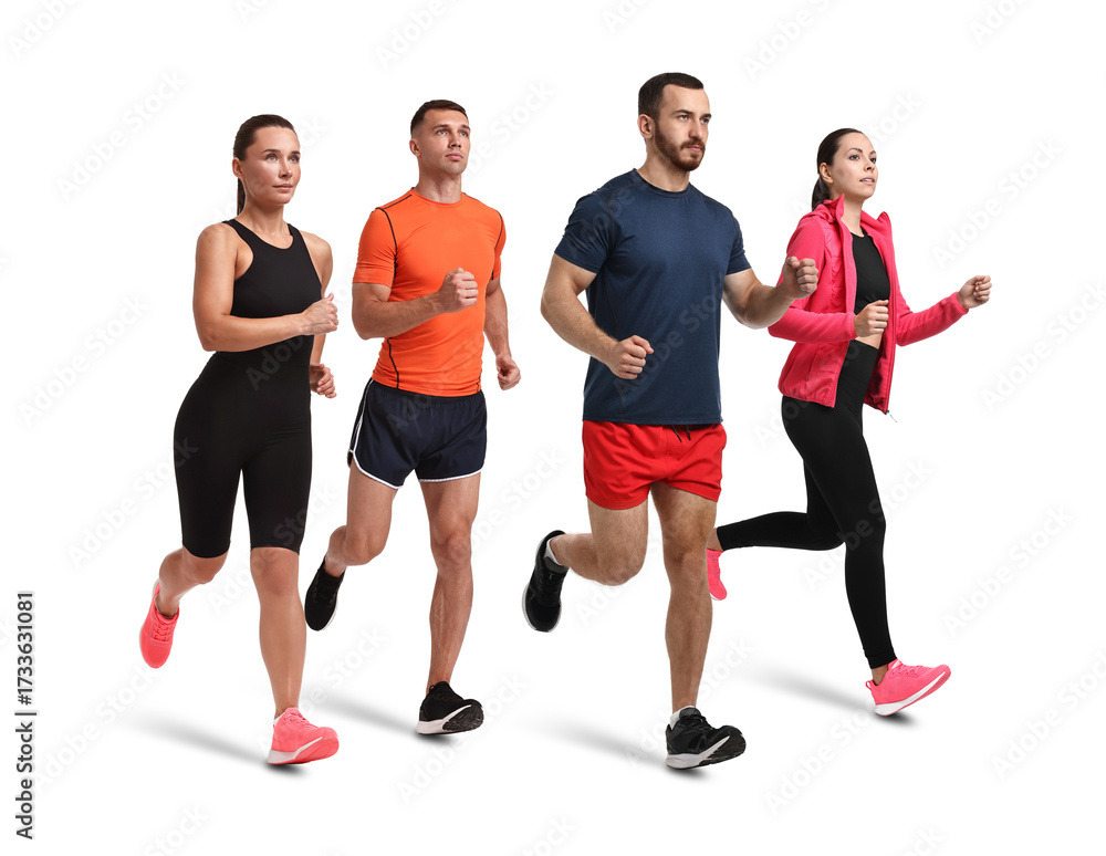 Obraz premium Sporty men and women running on white background