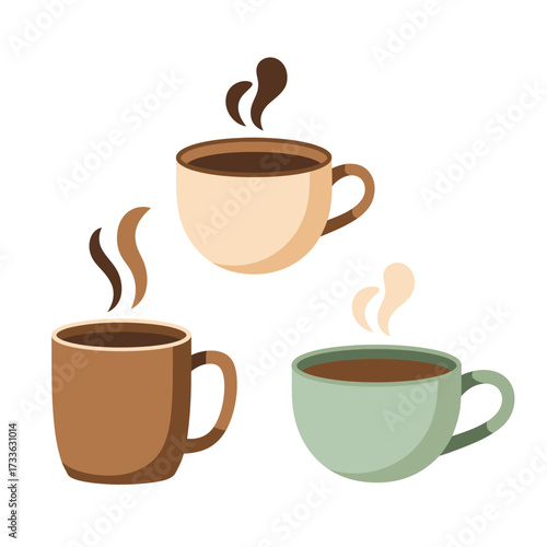 Three Steaming Cups of Coffee in Different Colors on White Background drink