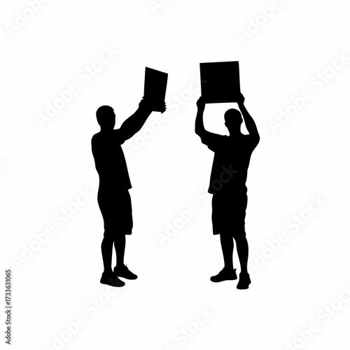 Silhouette of literacy campaign workers putting up posters isolated on white background