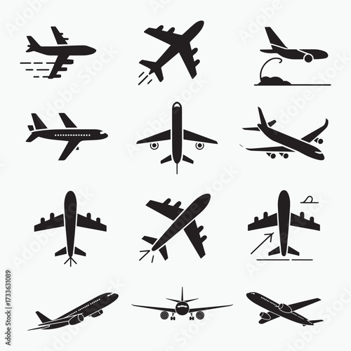 Collection of diverse airplane silhouettes showcasing various flight positions and views