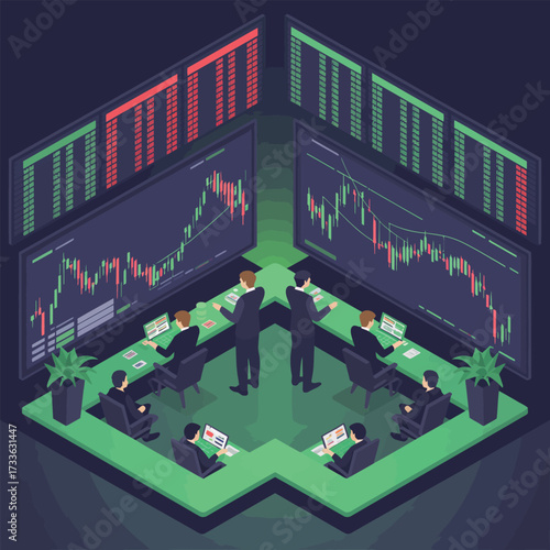 Traders in a room analyzing stock market data on large screens and laptops trading