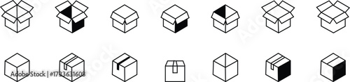 Cardboard Box or Package Icon set, Vector Designs, showing delivery carrying and transporting boxes in various poses and actions, parcel t icons. For website marketing design, logo, template, ui, etc