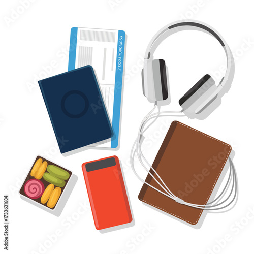Travel essentials including headphones, passport, power bank, and snacks Keywords: travel, essentials, headphones, passport, power bank, snacks
