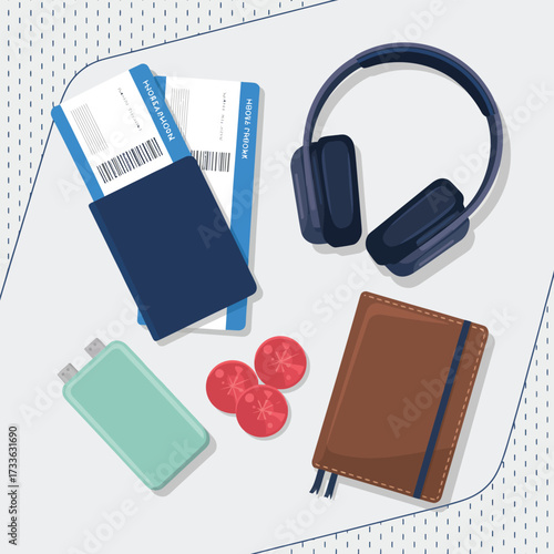 Travel essentials including passport, tickets, headphones, power bank, and notebook