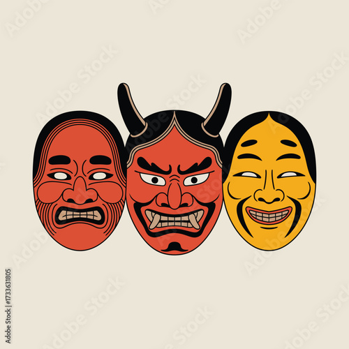 Trio of Japanese Noh Masks Featuring Different Expressions japanese masks theater