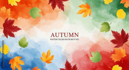 Watercolor painting of colorful autumn leaves falling on vibrant abstract background, ideal for seasonal greeting cards, posters, invitations, and fall-themed marketing designs