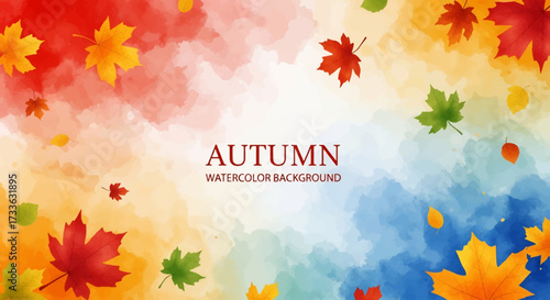 Watercolor painting of colorful autumn leaves falling on vibrant abstract background, ideal for seasonal greeting cards, posters, invitations, and fall-themed marketing designs