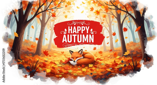 flat style illustration of a sleeping fox in an autumn forest with falling leaves and festive “Happy Autumn” text, perfect for seasonal greeting cards, fall promotions, and cozy lifestyle designs