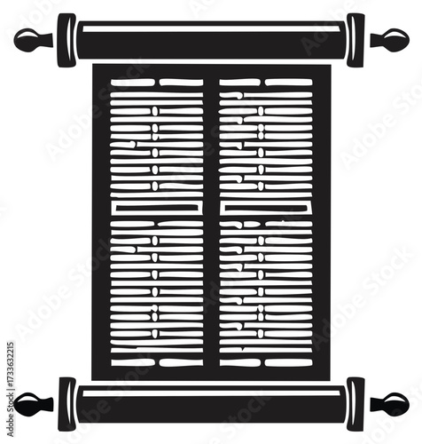 Ancient scroll illustration, black and white design with open paper and text
