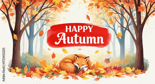 flat style illustration of a sleeping fox in an autumn forest with falling leaves and festive “Happy Autumn” text, perfect for seasonal greeting cards, fall promotions, and cozy lifestyle designs