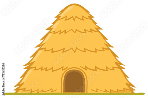 Stylized Grass Thatch Hut Cartoon Illustration with Rounded Top and Brown Doorway on Green Ground