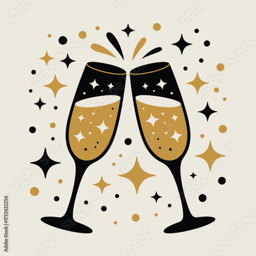 Two Champagne Glasses Clinking with Gold and Black Stars and Bubbles celebration