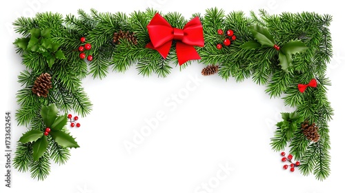 Christmas green garland with red bow, on white background, copy space