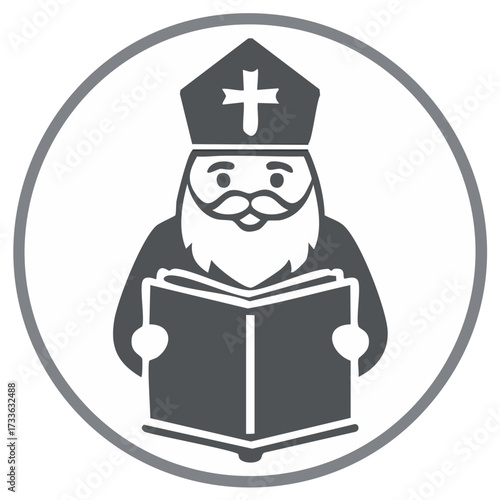 Elderly Christian Bishop with mitre and beard reading a holy book vector icon