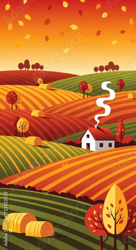 Colorful illustration of autumn countryside with fields, haystacks, farmhouse, and trees with falling leaves, symbolizing rural lifestyle, harvest season, and peaceful nature landscape