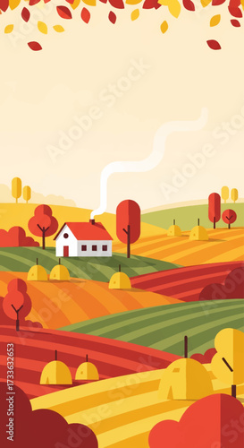 Colorful illustration of autumn countryside with fields, haystacks, farmhouse, and trees with falling leaves, symbolizing rural lifestyle, harvest season, and peaceful nature landscape