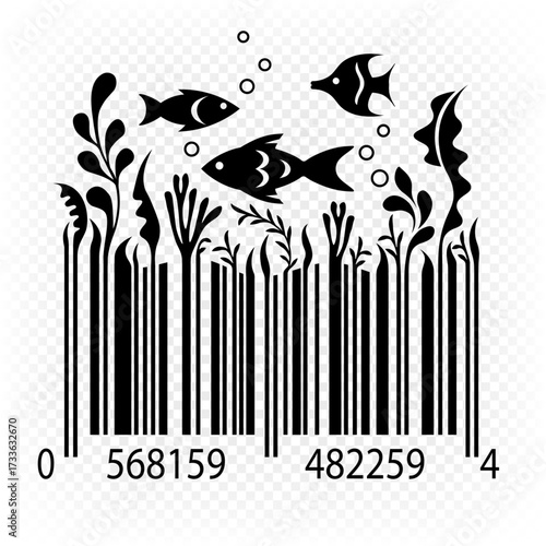 Barcode design with fish and aquarium. Vector black graphics isolated on transparent background.
