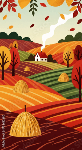 Colorful illustration of autumn countryside with fields, haystacks, farmhouse, and trees with falling leaves, symbolizing rural lifestyle, harvest season, and peaceful nature landscape