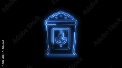 Glowing neon fertilizer bag animation for agriculture and farming on a black background