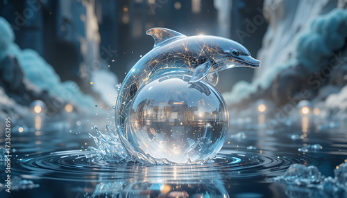 Wallpaper Mural A crystal dolphin balancing a sphere in a dreamy, watery landscape Torontodigital.ca