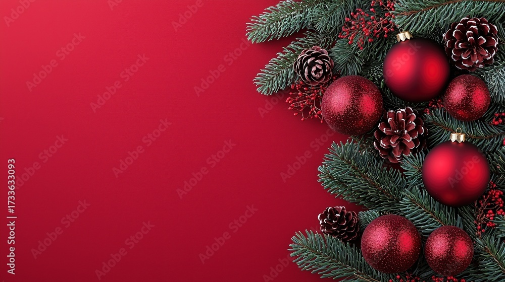 custom made wallpaper toronto digitalChristmas Corner Decor with Red Baubles, Pine Branches & Pinecones on Red Background